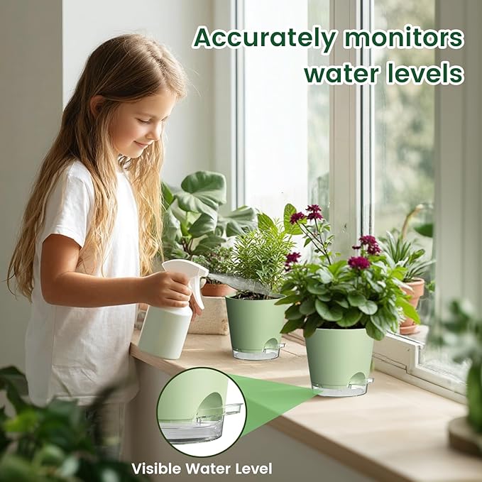 Meowell 4 inch Self Watering Pots for Indoor Plants, 5 Pack Small Flower Plant Pots with Drainage Holes and Clear Reservoirs, Visible Water Level, Plastic Planters with Wicking Rope, Green