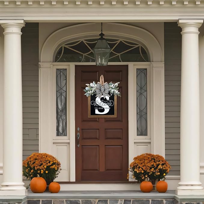 Ultra Large 14'' Last Name All Year Round Front Door Wreath with 26 Initial Letter Welcome Sign All Seasons Eucalyptus Garland and Bow Wreaths for Front Door Porch Farmhouse Decoration (S)