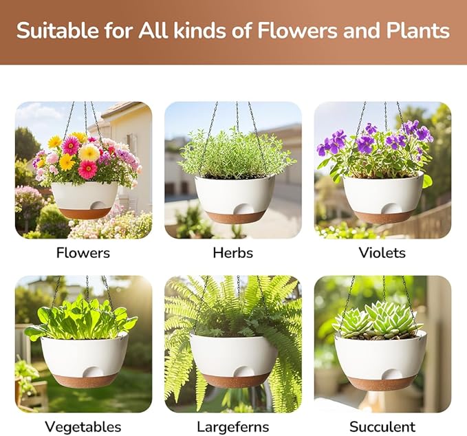 LESOASIS Hanging Planter, 12 Inch Self-Watering Hanging Planters for Indoor Outdoor Plants, Hanging Basket for Plants Flowers Outdoor (White)