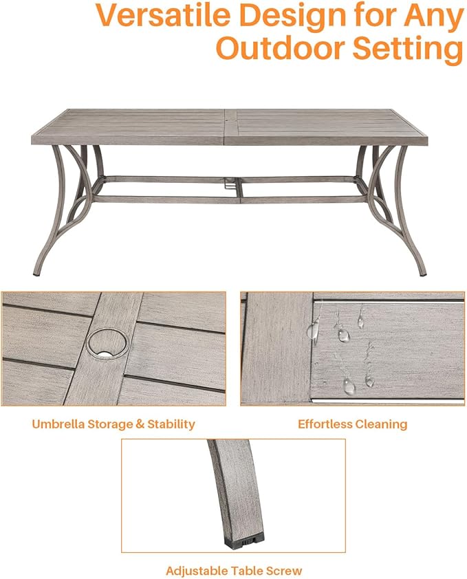 Patio Dining Table for 8, Aluminum Outdoor Dining Table with Umbrella Hole, 84" x 38.6" Rectangular Patio Table for Outside, Outdoor Patio Table for Deck, Garden Poolside, Limed Oak