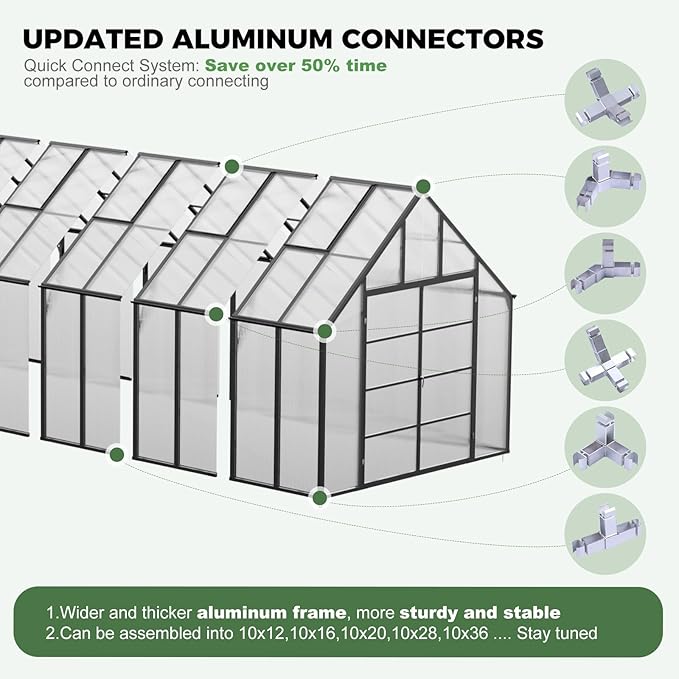 CDCASA 36x10x10 FT Greenhouse for Outdoors, Easy Assembly Large Thicker Aluminum Heavy Duty Polycarbonate Greenhouses Kit w/8 Windows, Outside Sunroom Walk-in Green House for Patio,Backyard