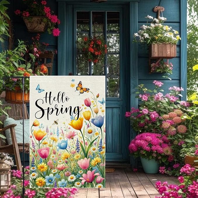 Hello Spring Summer Tulip Garden Flag 12x18 Inch Double Sided Bee Flowers Butterfly Colorful Floral Small Burlap Yard House Seasonal Farmhouse Outside Spring Decor Flags