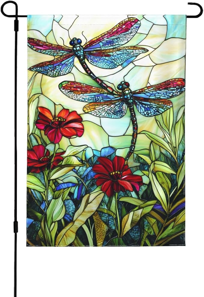 Glass Style Dragonfly Garden Flag 12x18 Inch Double Sided All-Weather Polyester Outdoor Flag For Patio Lawn Yard And Garden Welcome Decor