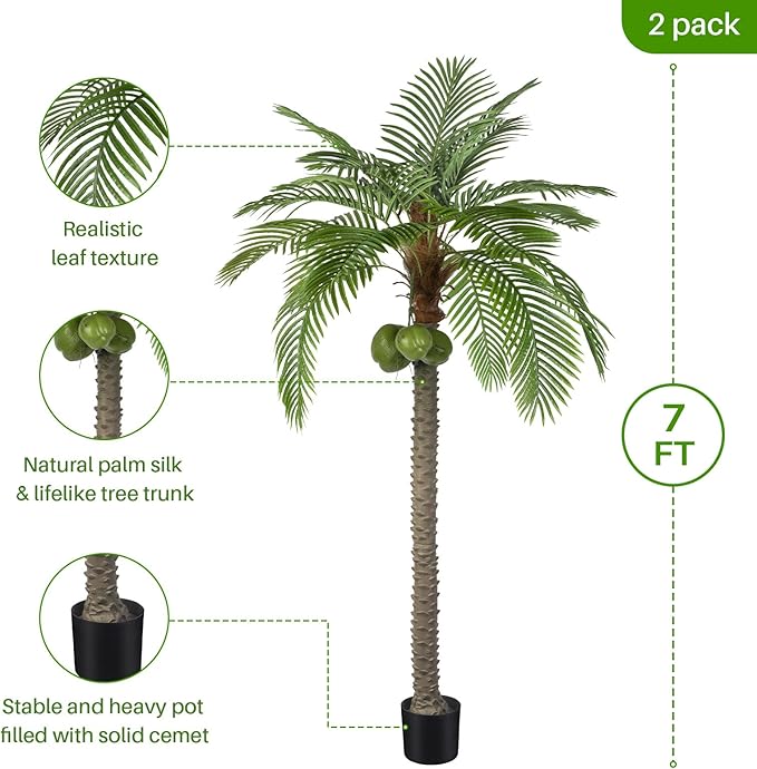 Artificial Phoenix Palm Tree with Coconut Fruit Outdoor Indoor Decor Large Faux Coconut Silk Palm Tree Tropical Fake Tree Large Faux Sago Palm Plant for Home Yard Outside (8 FT)