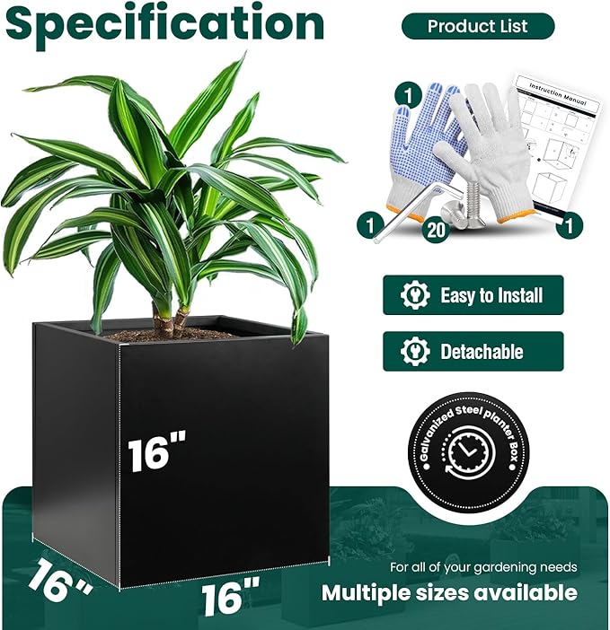 GZGNEEVL Galvanized Steel Planter Box Black Metal Planter Square Indoor Outdoor Planters Cube Steel Heavy Duty 16Inch Powder Coating Modern Commercial Residential for Patio, Yard, Garden