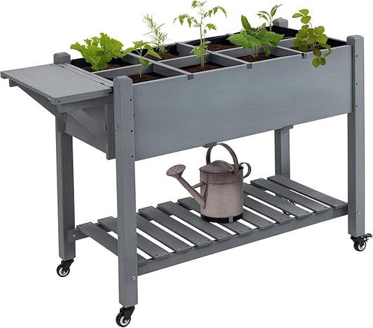 Outsunny Raised Garden Bed with 8 Grow Grids, Wooden Outdoor Plant Box Stand with Folding Side Table and Wheels, 49" x 21" x 34", for Vegetables, Flowers, Herbs, Gray