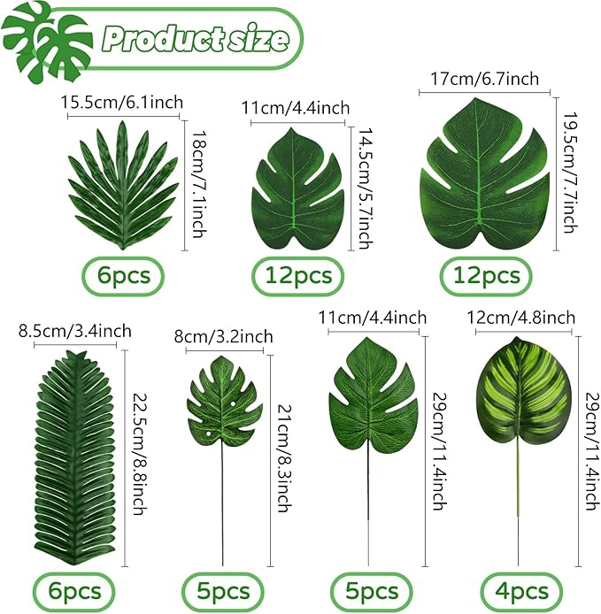 Tropical Party Decorations, 50 Pieces 7 Kinds Palm Leaves Artificial Tropical Monstera, Green Jungle Leaf with Stem for Jungle Hawaiian Luau Party Table Decoration Wedding Birthday