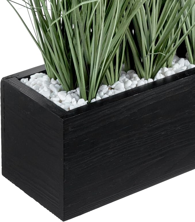 MyGift 12 Inch Artificial Green Grass Plants in Rustic Black Solid Wood Planter Box, Faux Greenery Plant Centerpiece in Decorative Rectangular Wooden Container