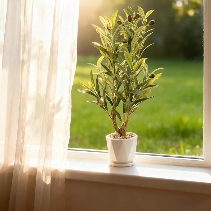 Abyjifar 22" Artificial Olive Tree with Ceramic Pot, Faux Green Potted Plants Indoor Fake Greenery Olive Branches Stems in Pot for Tabletop Desk Office Kitchen Living Room Bedroom Bathroom Home Decor