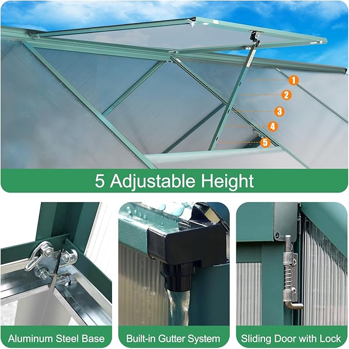 10x6 FT Polycarbonate Greenhouse for Outdoor, Heavy Duty Aluminum Frame Green House Kit with Double Vent Window Lockable Door, Transparent Panels, Walk in Plant Green Houses for Garden Patio