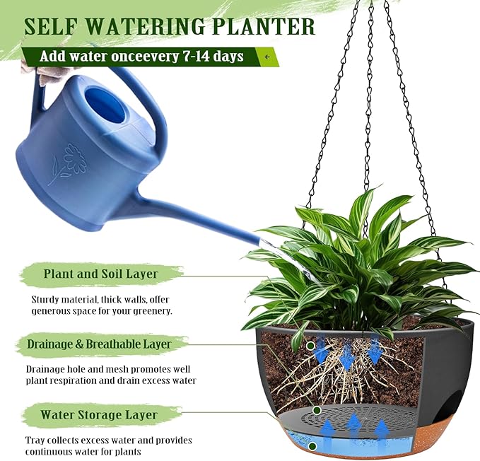 Lucieblessdesign Hanging Planters for Outdoor Indoor Plants, 2 Pack 10 Inch Hanging Basket Plants Outdoor, Self Watering Hanging Planter with Plant Hanger for Garden Home Decoration (Black, 10 inch)