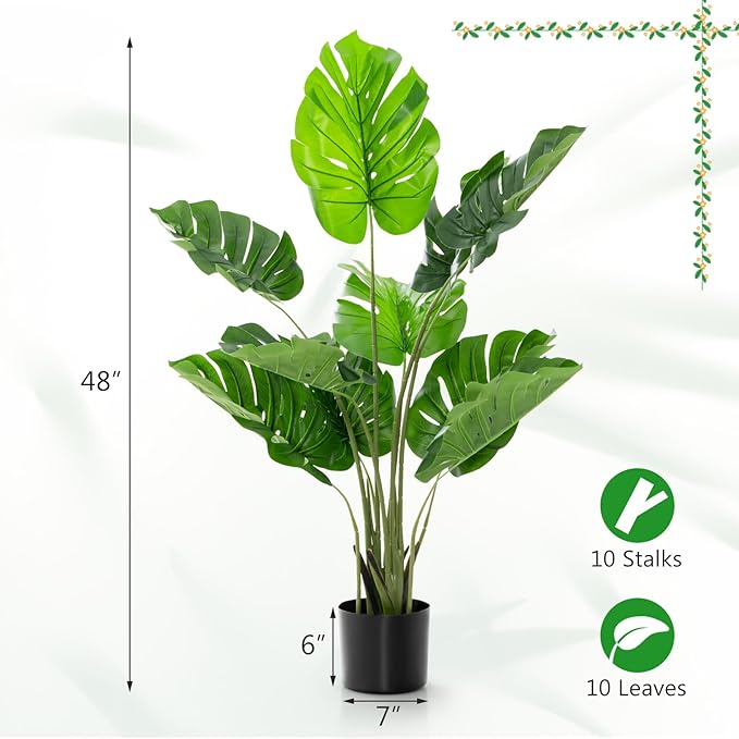 4FT Fake Monstera Deliciosa Plants, Faux Monstera Plant w/15 Turtle Leaves, Cement-Filled Plastic Pot, 60 Inch Fake Plant for Indoor Home Office Living Room Decoration