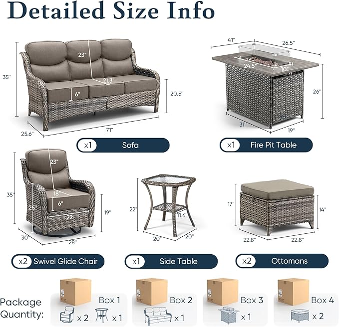 Belord Luxury 6" Thick Cushioned 7 Pieces Patio Furniture Set with Fire Pit Table, Wicker Outdoor Conversation Set with High Back Swivel Rocker Chairs for Deck Porch Yard and Poolside - Grey+Grey