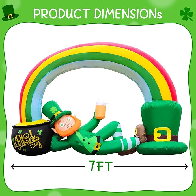 St. Patricks Day Inflatable Decorations 7FT Lying Leprechaun Rainbow Arch with Gold Coin Pot Built-in Bright LED Lights Outdoor Lucky Day Holiday Lawn Yard Garden Patio Décor