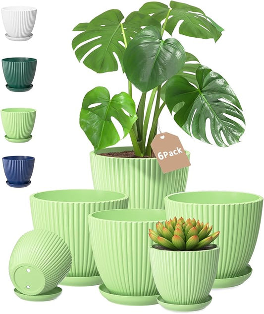 LASZOLA Light Green Plant Pot Plastic Planter with Drainage Holes and Saucer Tray for Indoor Flower, Medium to Small 7.5/6.5/5.5/4.9/4.2/3.5 Inch, Modern House Decorative Gardening Round Pot, Set of 6