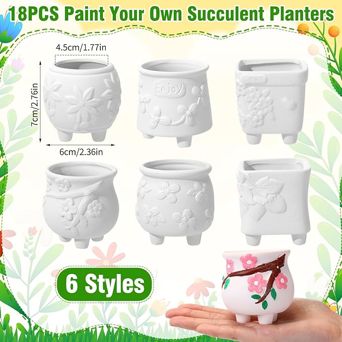 Leitee 18 Pcs Paint Your Own Ceramic Pot Bulk Fall Succulent Pots Ready to Paint Small Pot Mini Succulent Planters Pottery Painting for Spring Valentine Easter Craft(Lovely Flowers)