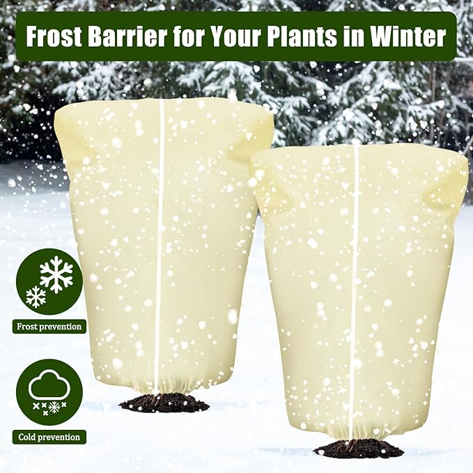 EYNDYN 4 Pcs Plant Covers Frost Protection Bag 71" x 47" Winter Reusable Plants Jacket with Drawstring Shrub Protection Wraps Bags Frost Blanket for Winter Outdoor Garden Plants