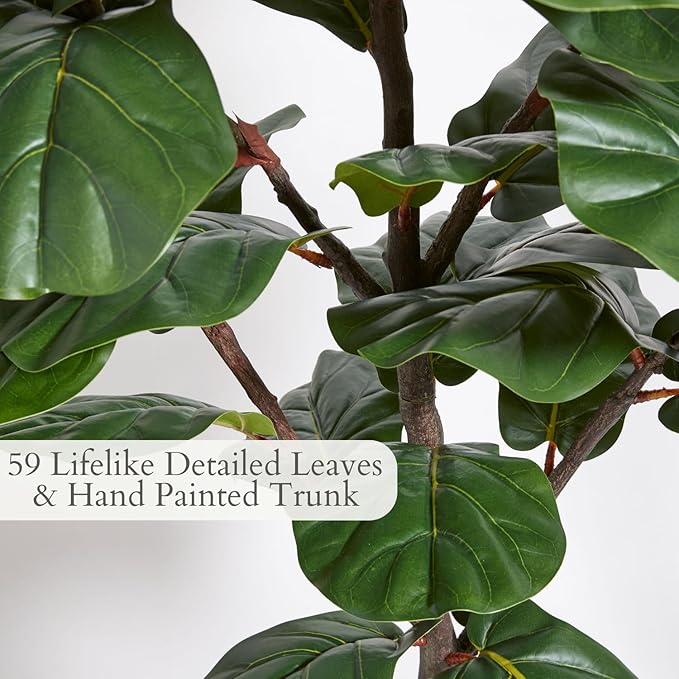 CG Hunter Faux Fiddle Leaf Fig Tree, Premium Artificial Indoor Plant Stands 5’ Tall, Lifelike-Leaves & Hand Painted Trunk Faux-Fiddle Leaf Fig Tree Appearance, Taupe Planter Pot Included