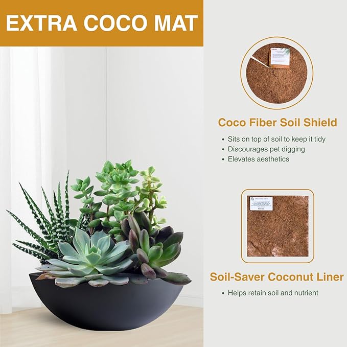 KUTE NEST 6.9"H x 19.7"D Round Bowl Fiberstone Planter for Succulent and Lotus with Drainage Hole, Smooth Finishes, Weather Resistant for Indoor, Included 2 Extra Coco Mats (Black, 17.9" Pot Opening)