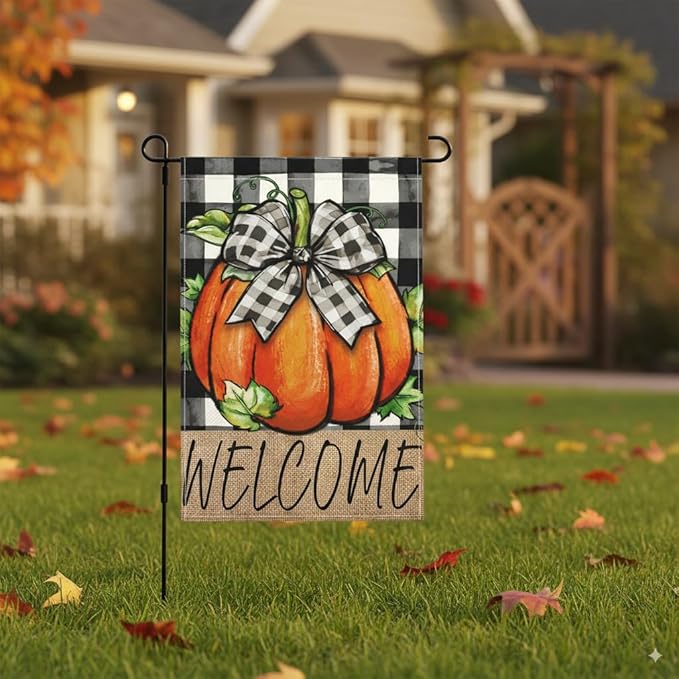 Fall Pumpkin Welcome Garden Flag 12x18 Inch Double Sided Buffalo Plaid Autumn Decor Thanksgiving Holiday Yard Flags Outdoor Decorations (Buffalo Plaid Pumpkin)