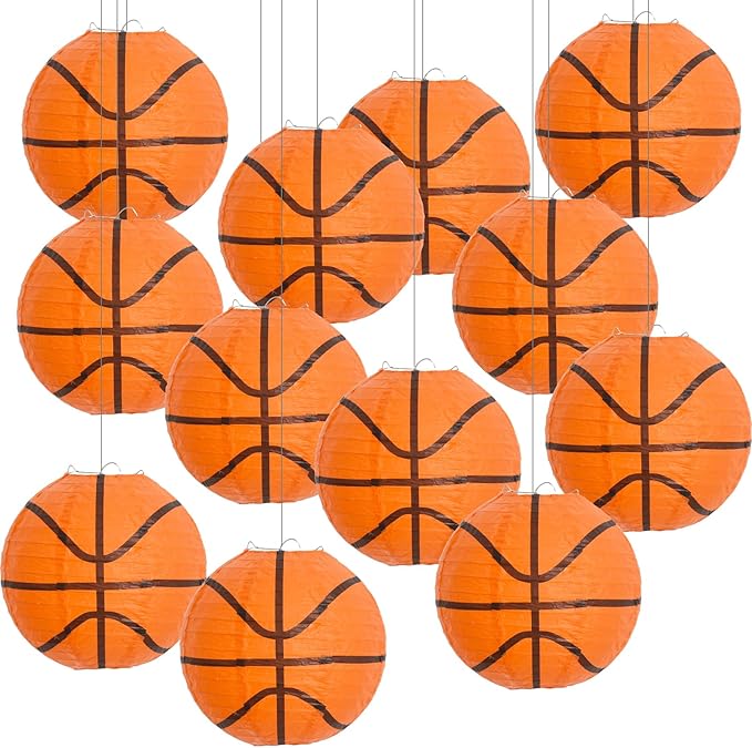 BEISHIDA 8-Inch Basketball Paper Lanterns Decorative Chinese/Japanese Hanging Round Paper Lanterns Lamp for sports party, Sport Themed Birthday Bar Basketball Game Party Decoration (12 Packs)