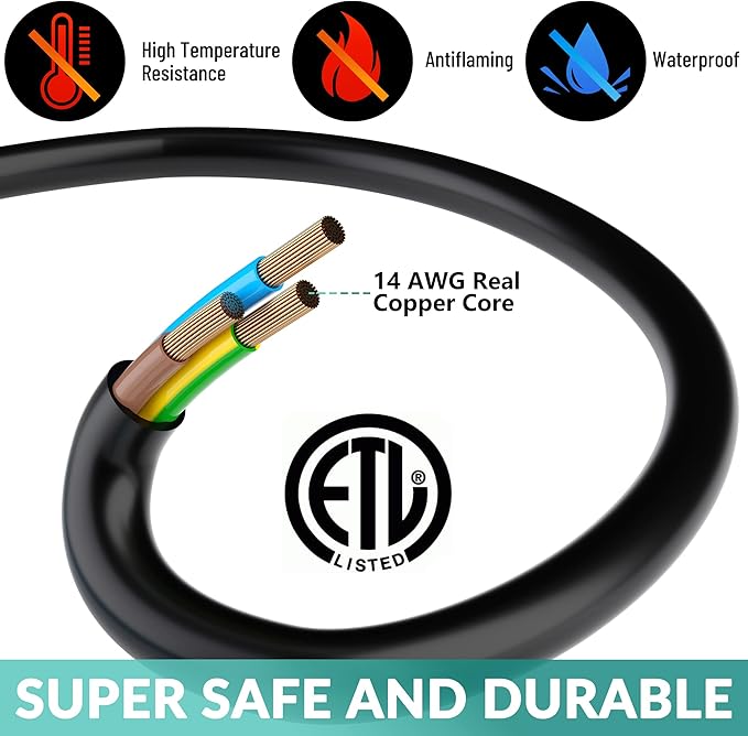 Outdoor Extension Cord 10 Ft with 3 Outlets, 14/3 SJTW 3 Prong Grounded Power Cord, 14 Gauge 14AWG Heavy Duty Power Cable, ETL Listed, 15 Amp 125 V 1875 W-Multiple Outlets for Indoor/Outdoor-Black