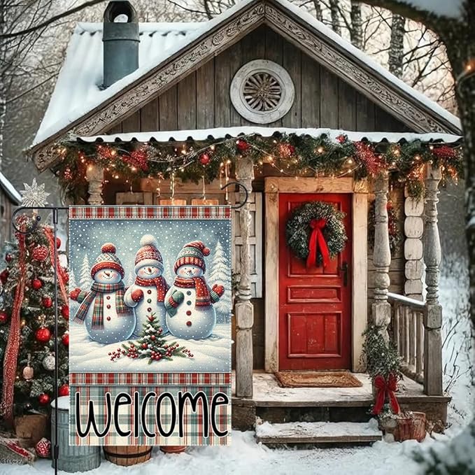 Welcome Snowman Garden Flag 12x18 Inch Double Sided Winter Christmas Burlap Yard Flag Holiday Outdoor Seasonal Decoration for House Lawn Porch Patio Home Decor
