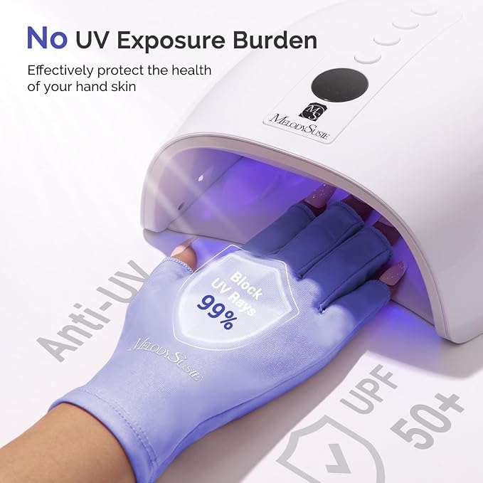 MelodySusie Premium UV Protection Gloves for Manicures, Cool Feeling Fabric,Professional UPF50+, UV Nail Gloves for Gel Nail Lamp, Anti UV Light, Skin Care Fingerless Design, Purple