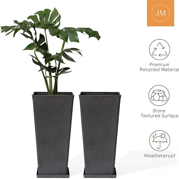 LA Jolie Muse 30 Inch Tall Planters for Outdoor Plants, 2 Sets Concrete Grey, Tall Large Planters for Front Door, Patio and Deck