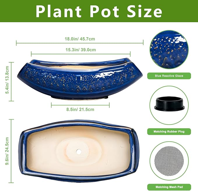 Teagas Bonsai Pots - 18 Inch Large Ceramic Succulent Pots for Indoor Outdoor, Bonsai Planter with Drainage Hole, Ceramic Flower Pot, Decorative Plant Pot, Gifts for Plant Lovers, Office Decor, Blue