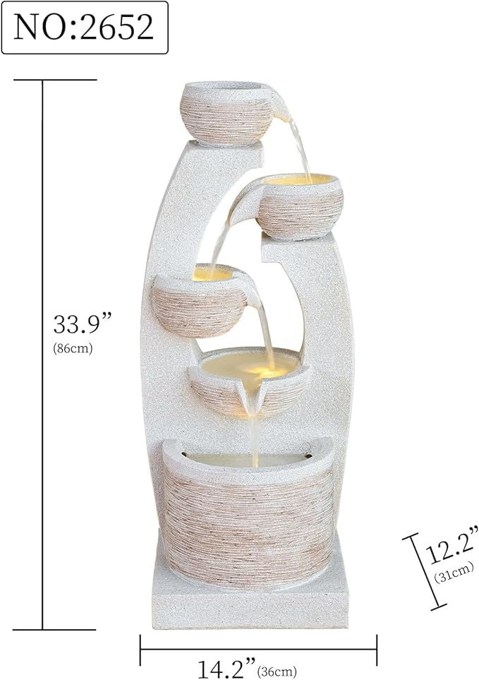 Qingyinge 33'' H Modern Outdoor Fountain Resin Outdoor Garden Fountains with Contemporary Design LED Light for Garden, Patio, Deck, Porch, Backyard and Home Art Decor