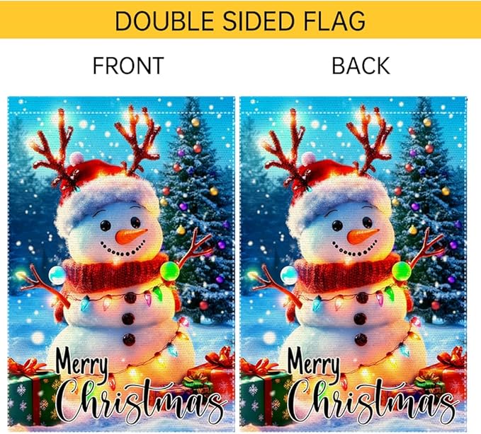 Christmas Snowman Garden Flag 12x18 Inch Double Sided Burlap Outdoor Holiday Yard Decor Cute Winter Lawn Banner with Lights Santa Hat Tree Gifts for Porch Patio Front Door