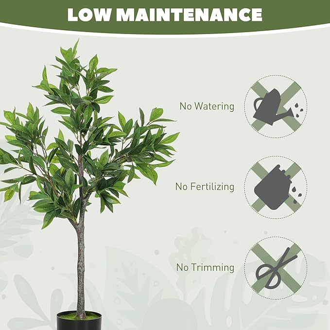 HOMCOM Lifelike Artificial Laurel Tree, 3FT Fake Tree with 345 PEVA Leaves and Flocked Soil, Potted Fake Plant for Home or Office Decor, Green