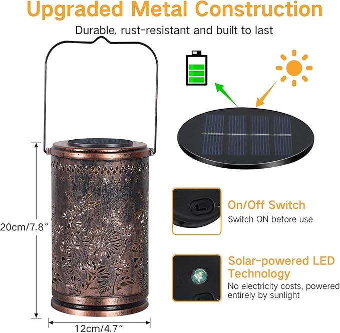 OUTONLIFE Dragonfly Solar Lanterns Outdoor Waterproof, Metal Hanging Solar Lights for Outside Garden, Yard, Patio, Backyard, Porch Decor, Birthday Gifts for Women Mom Grandma