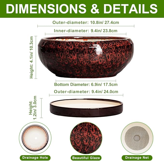 EPFamily Bonsai Tree Pots - 10 Inch Ceramic Succulent Planters for Indoor Outdoor, Bonsai Pots with Drainage Hole and Saucer, Shallow Round Planter, Planter Bowl, Patio Decor, Gifts for Women, Red
