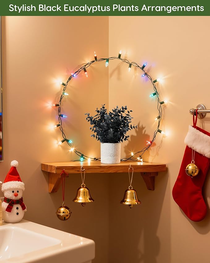 Velener 1 PCS Small Fake Eucalyptus Plant Artificial Potted Plants Indoor for Christmas Decor Indoor Realistic Faux Plant for Office, Bathroom, Living Room, Desk, Shelf, Home Decor (Black)