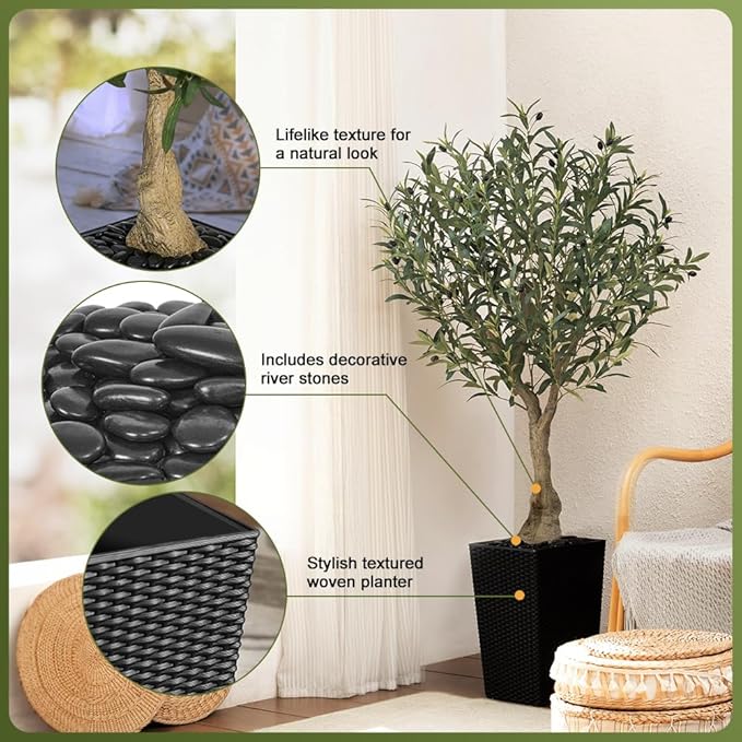 VeriNatural Artificial Olive Tree 5ft, Tall Fake Tree for Indoor & Outdoor Decor with Black Pot & Pebbles, UV Resistant Silk Leaves, Realistic Faux Potted Plant for Living Room,Office,Home Decor,VN137