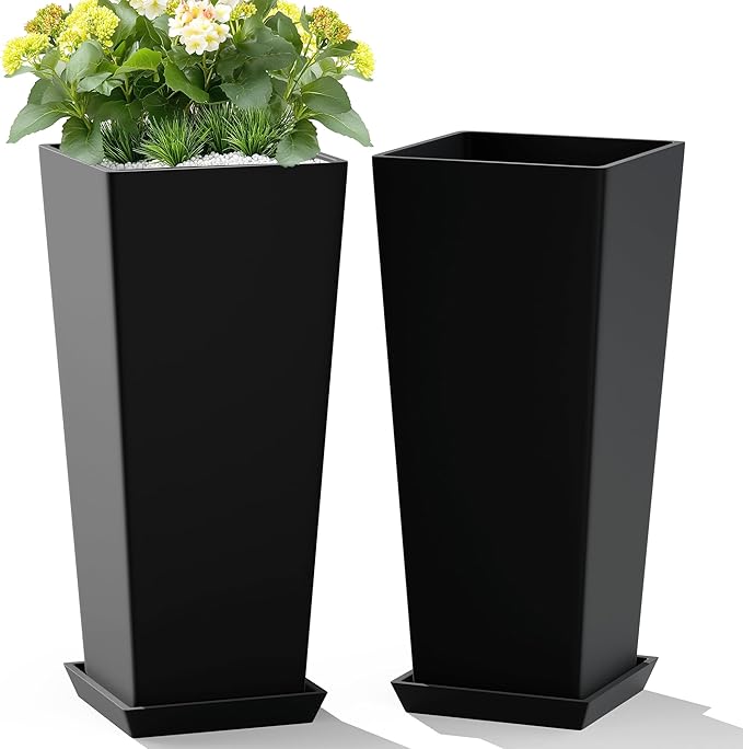 TUYOHW Set of 2 Large Tall Planter for Indoor or Outdoor 24" Flower Pots Tapered Tall Planters with Tray for Porch, Patio, Backyard, Large Planters for Outdoor Indoor Plants(Black)
