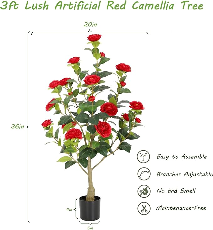 Nafresh 3FT Lush Artificial Red Camellia Tree Outdoor 2 Pack, 36inch Faux Camellia Plant, Fake Camellia Flowers Tree for Indoor Outdoor Living Room Home Patio Front Door Garden Decor