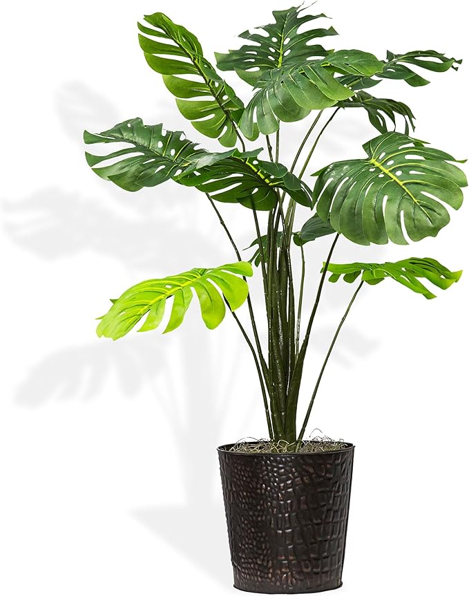 LCG Florals 2.8ft Faux Monstera Deliciosa - Realistic Fade Resistant Foilage, No Maintenance, Large Indoor Artificial Plant in Copper Metal Pot - Living Room, Home & Office Decor