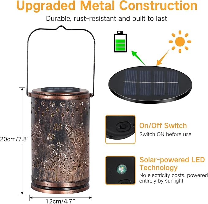 OUTONLIFE Hummingbird Solar Lanterns Outdoor Waterproof, Metal Hanging Solar Lights for Outside Garden, Yard, Patio, Backyard, Porch Decor, Birthday Gifts for Women Mom Grandma