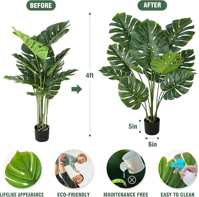 Artificial Monstera Plant 4FT Tall Fake Swiss Cheese Plant Potted Faux Tropical Floor Plants Indoor Decorative House Plants Artificial Palm Trees for Home Office Living Room Decor, 2 Pack