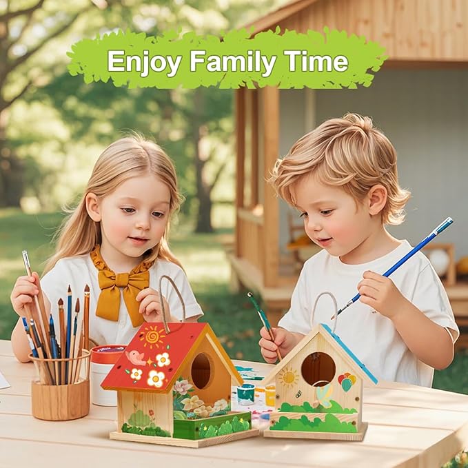 4 Sets Wooden Birdhouse Kit for Outdoor DIY Paint Your Own Wood Kid Art Craft Outdoor Birdhouse Kit Hanging Bluebird Cardinals for Spring Summer STEM Projects