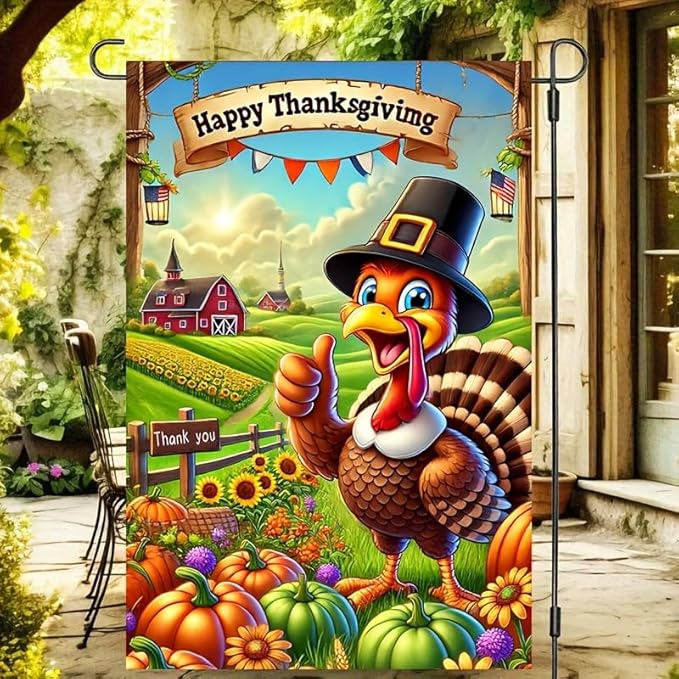 Thanksgiving Turkey Garden Flag Double Sided 12x18 Inch Happy Fall Pumpkin Farm Yard Flag Cartoon Turkey Banner Autumn Harvest Outdoor Lawn Porch Farmhouse Decoration Seasonal Holiday Home Decor