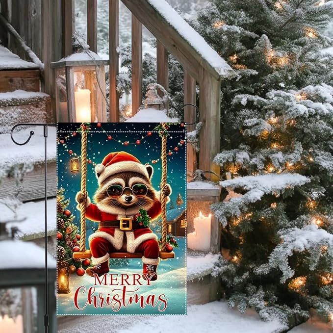 Christmas Garden Flag 12x18 Inch Double Sided Burlap Holiday Yard Flag Cute Raccoon in Santa Outfit Swinging with Lights Small Winter Outdoor Decorations for Lawn Porch