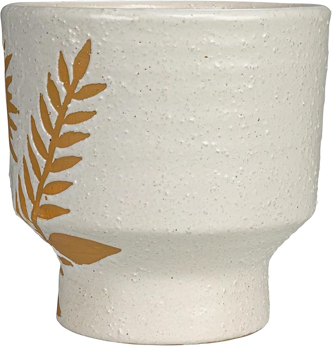 Creative Co-Op Stoneware Footed Planter with Flower, Reactive Glaze, White and Mustard