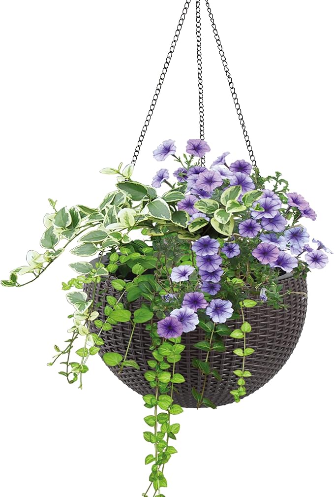 Vigo huseeo 13.5 inch 2Pack Large Hanging Planters for Outdoor/Indoor Plants, Self Watering Hanging Pot with Water Level Indicato, Drainage Holes and Chain for Garden Porch, Brown