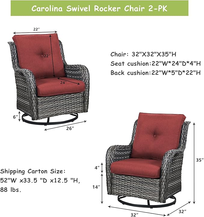 Rilyson Wicker Rocking Chair Swivel Chairs - 2 Piece Rocker Patio Chairs Set Rattan Rocking Chair for Outdoor Porch Deck Garden Backyard (Mixed Grey/Red)