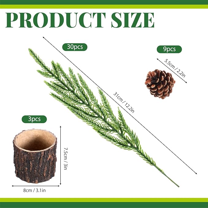 3 Sets Christmas Norfolk Pine Stems with Pinecones Berries 12 Inch Faux Artificial Greenery Plants Norfolk Branches Picks Christmas Table Decor for Vase Xmas Home Garland Decor (Pine Cones)