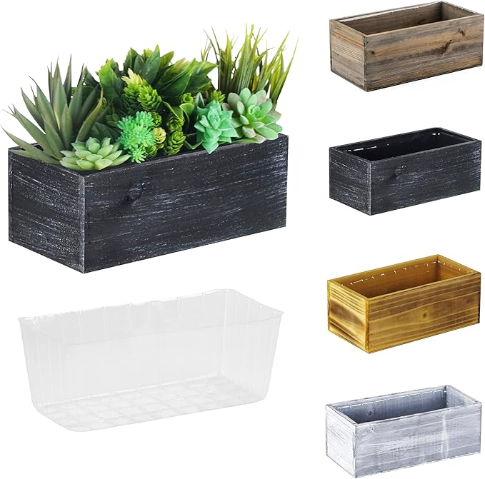 CYS EXCEL Small Natural Black Wood Rectangle Planter with Removable Plastic Liner (H:4" Open:10"x5") Country Rustic Indoor Decorative Box for Flower Succulent